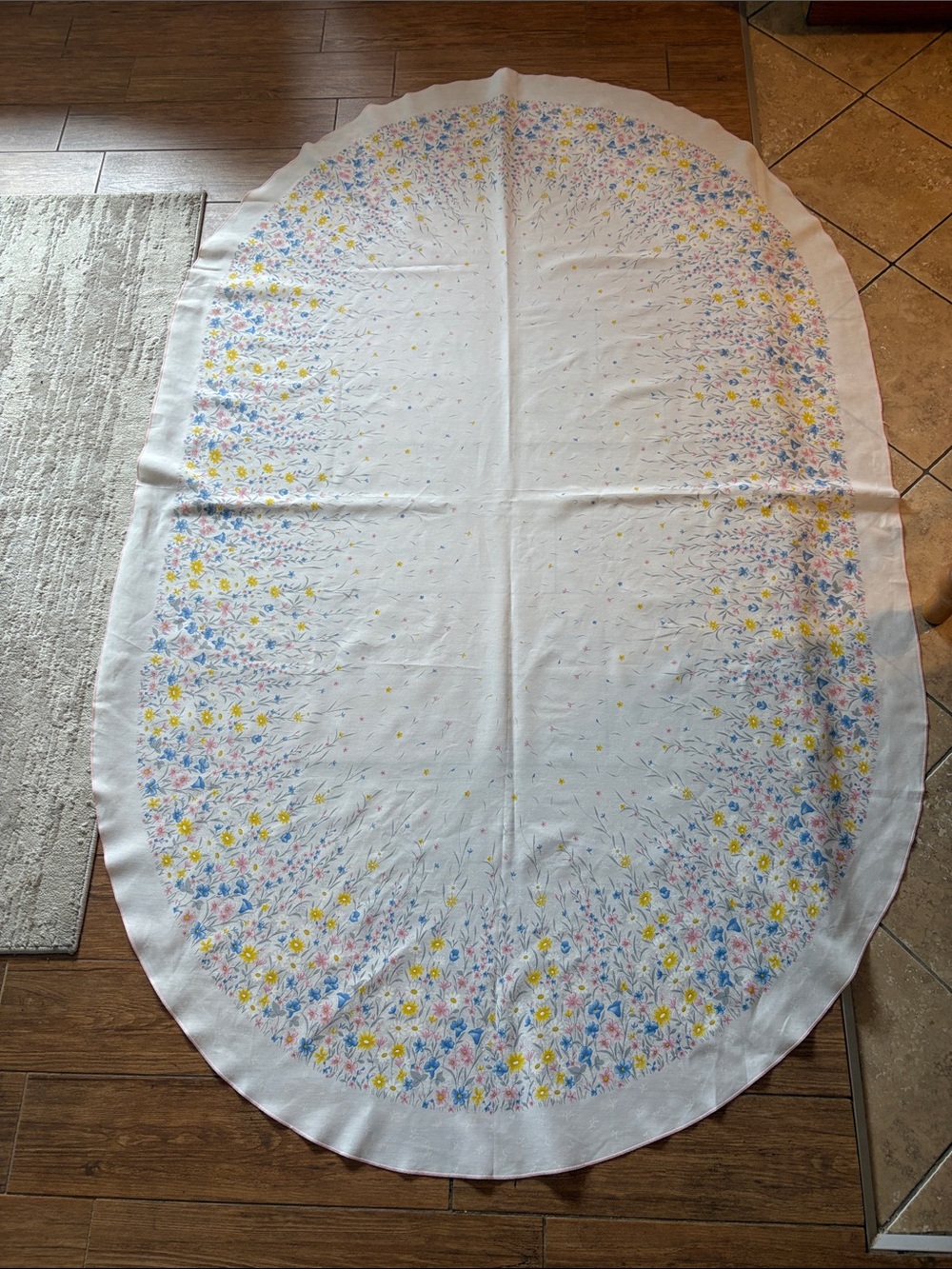 White Oval Floral  with Blue, Yellow & Pink Accents table cloth